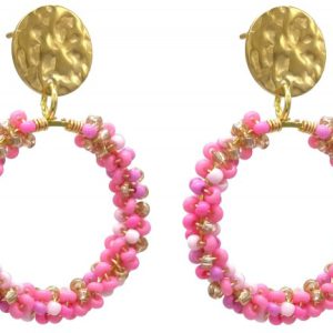 Oorbellen goud/roze kralen
